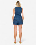 Back view of Bluette denim gilet and matching denim shorts set